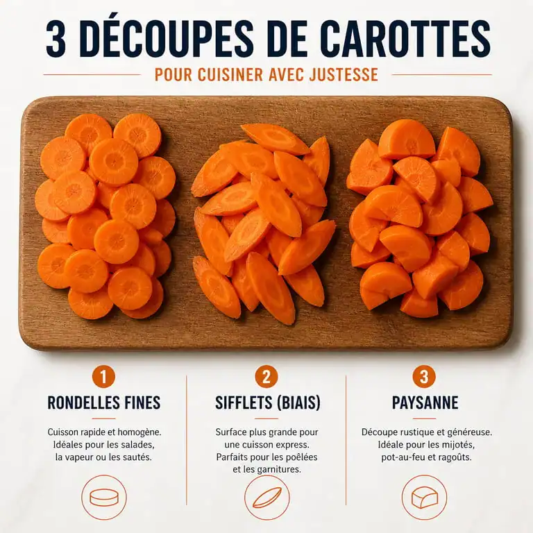 Techniques de découpe de carotte : rondelles, sifflets et paysanne sur une planche à découper