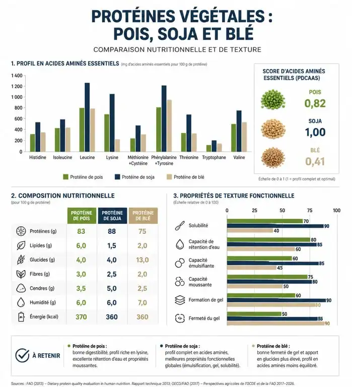 Infographie comparative des protéines végétales : pois, soja et blé