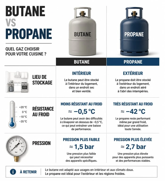 Tableau comparatif des différences entre bouteille de gaz butane et propane pour gazinière