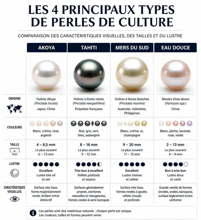 Comparatif des types de perles de culture : Akoya, Tahiti, Mers du Sud et eau douce