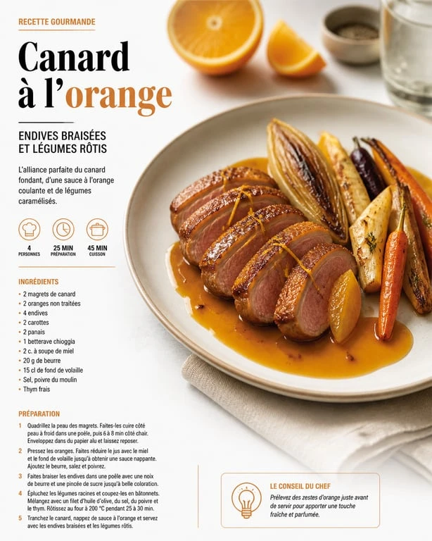 Canard à l'orange servi avec des endives braisées et légumes racines, un accompagnement idéal pour sublimer ce plat classique.