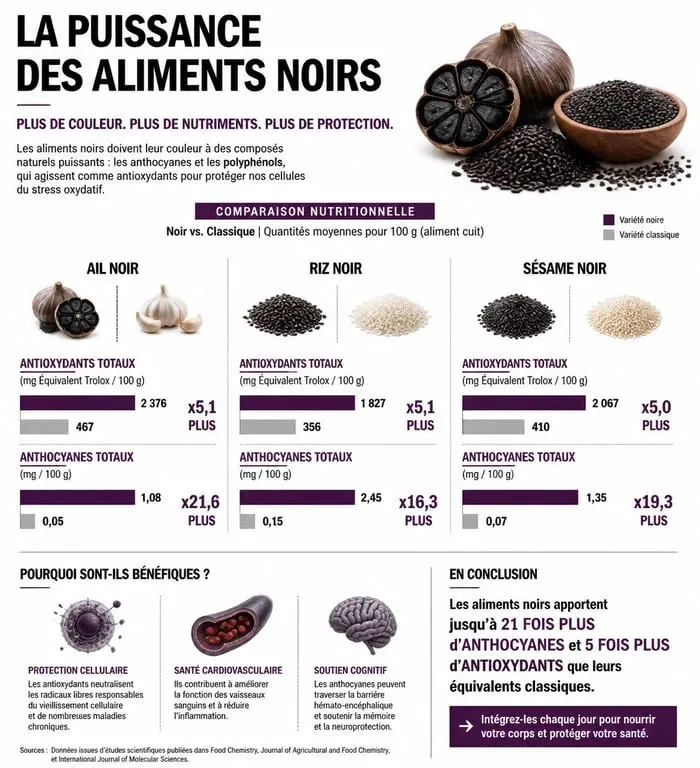 Infographie des bienfaits nutritionnels des aliments noirs et antioxydants