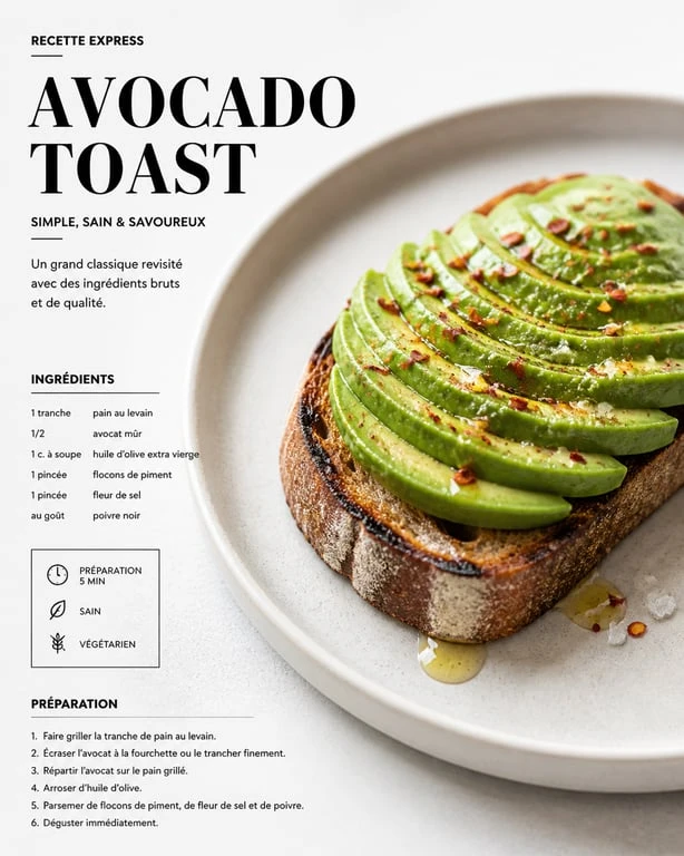 Avocado toast gourmand sur pain au levain avec piment et huile d'olive