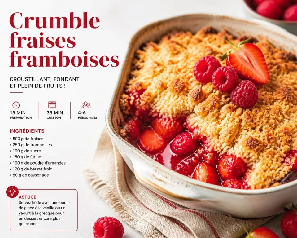 Crumble fraise framboise maison doré et croustillant servi dans un plat