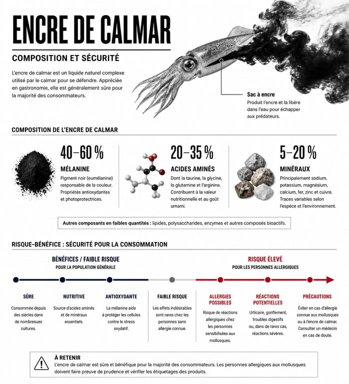 Infographie sur la composition et les risques de l'encre de seiche