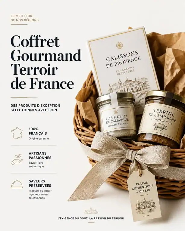 Coffret cadeau gastronomique français avec spécialités régionales et emballage artisanal