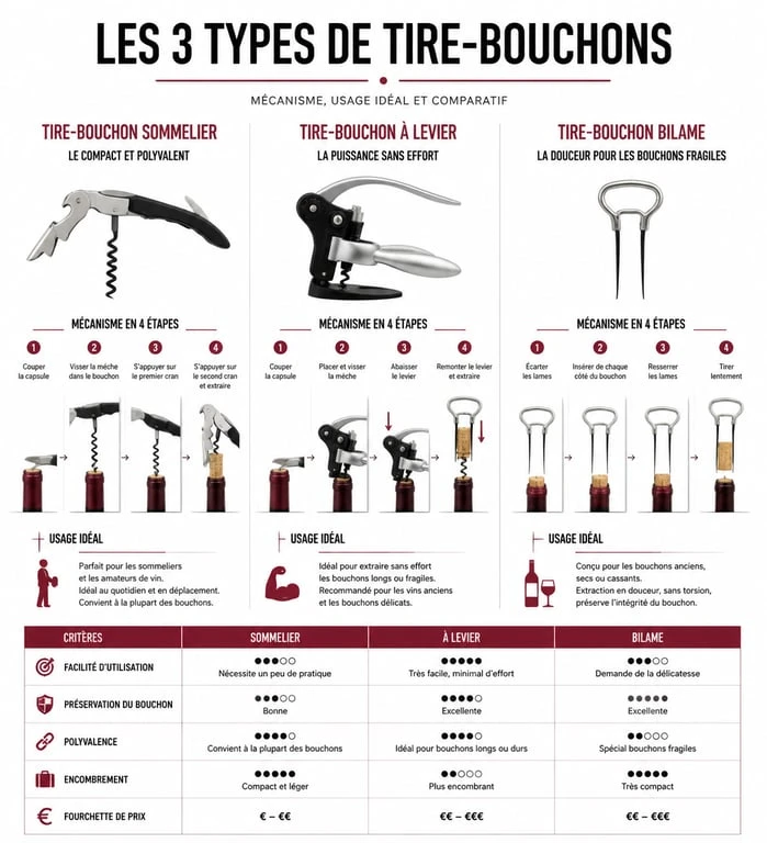 Comparatif des types de tire-bouchons : sommelier, levier et bilame