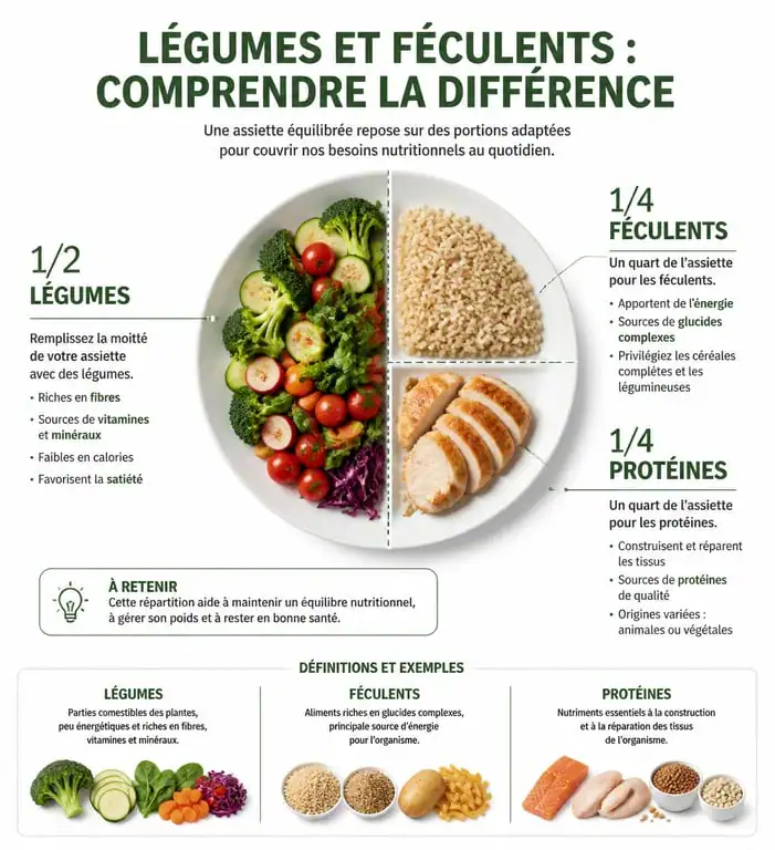 Infographie sur la liste des légumes et féculents et l'équilibre alimentaire