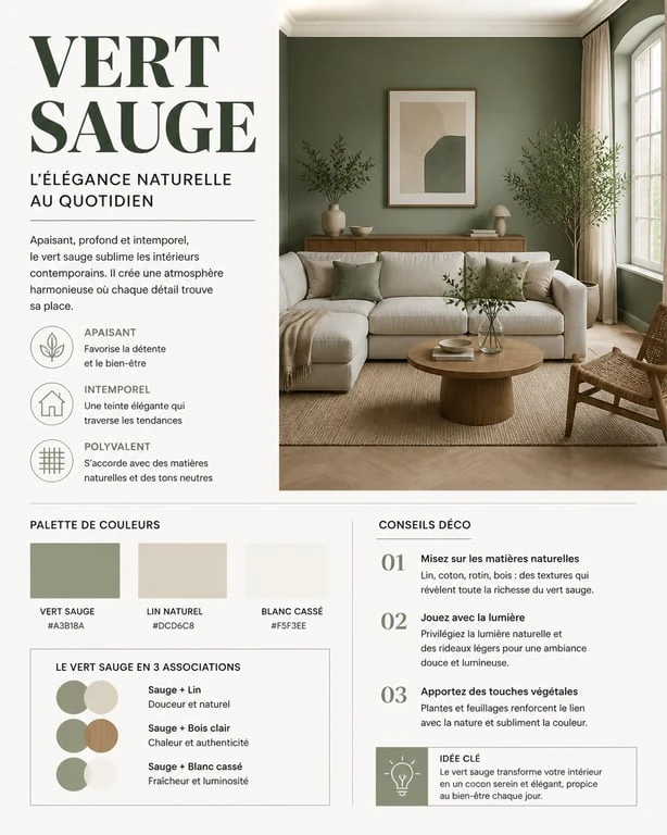 Salon contemporain aux murs peints en vert sauge avec décoration minimaliste et matières naturelles