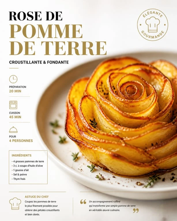 Fleur de pomme de terre croustillante dressée dans une assiette