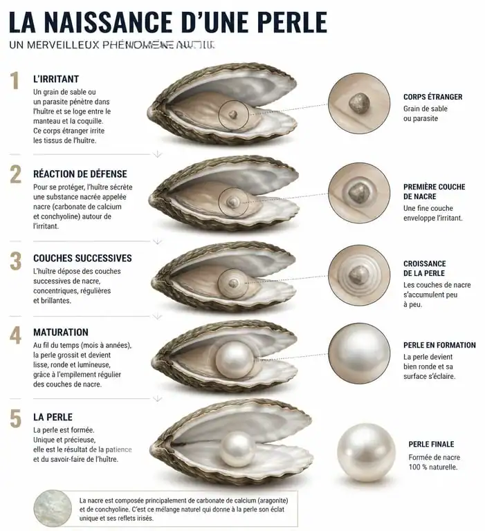 Schéma explicatif de la formation d'une perle de coquillage