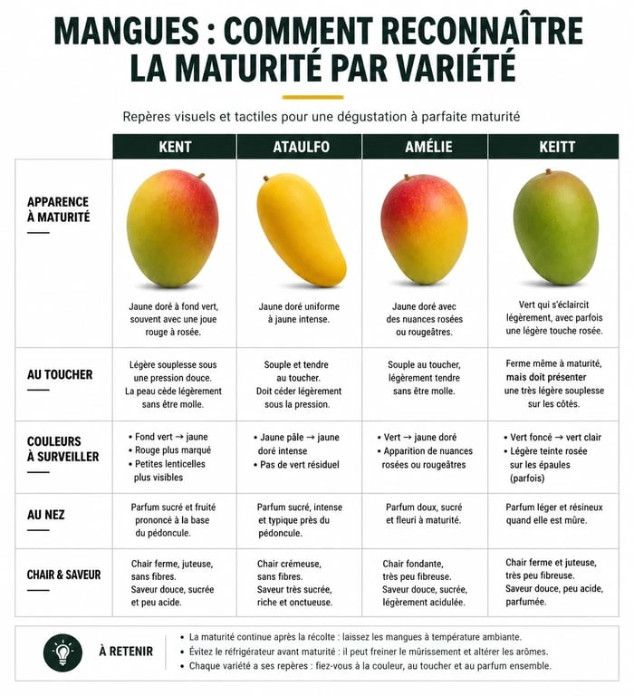 Infographie comparative des variétés de mangues pour identifier la maturité