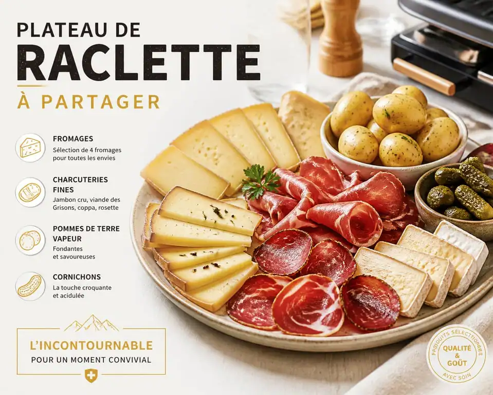 Plateau de raclette pour 10 personnes avec fromage, charcuterie et pommes de terre