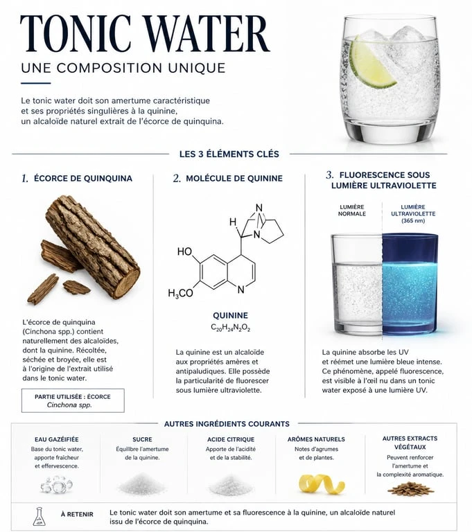 Infographie sur la composition et les propriétés scientifiques du tonic water