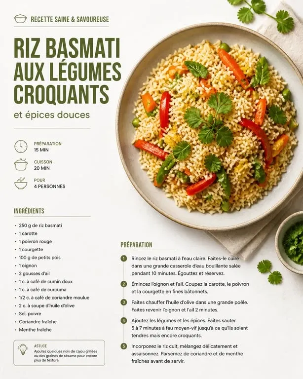 Riz basmati aux légumes croquants et épices douces en accompagnement