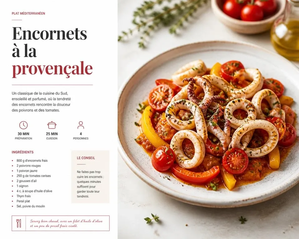 Assiette d'encornets à la provençale avec ses légumes d'accompagnement pour encornets