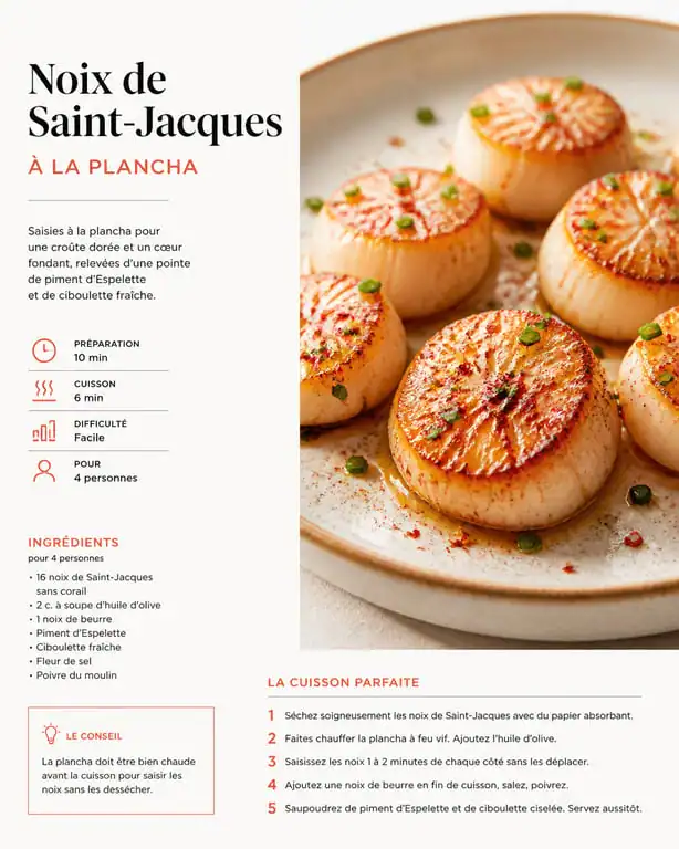 Noix de Saint-Jacques à la plancha marinées au citron vert et piment d'Espelette