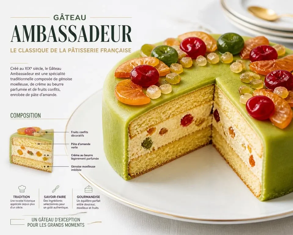 Gâteau Ambassadeur traditionnel français avec pâte d'amande et fruits confits