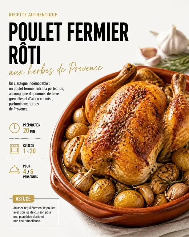 Poulet fermier rôti aux herbes de Provence avec pommes de terre grenailles