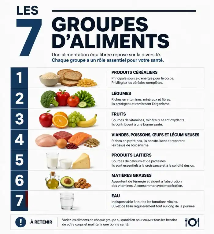 Infographie des 7 groupes d'aliments pour une alimentation équilibrée