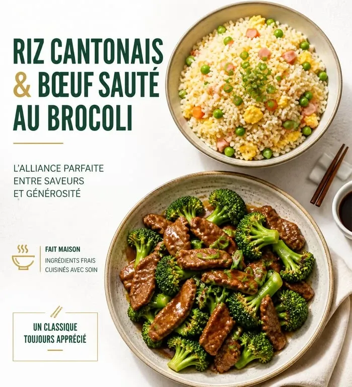Riz cantonais accompagné de bœuf sauté au brocoli
