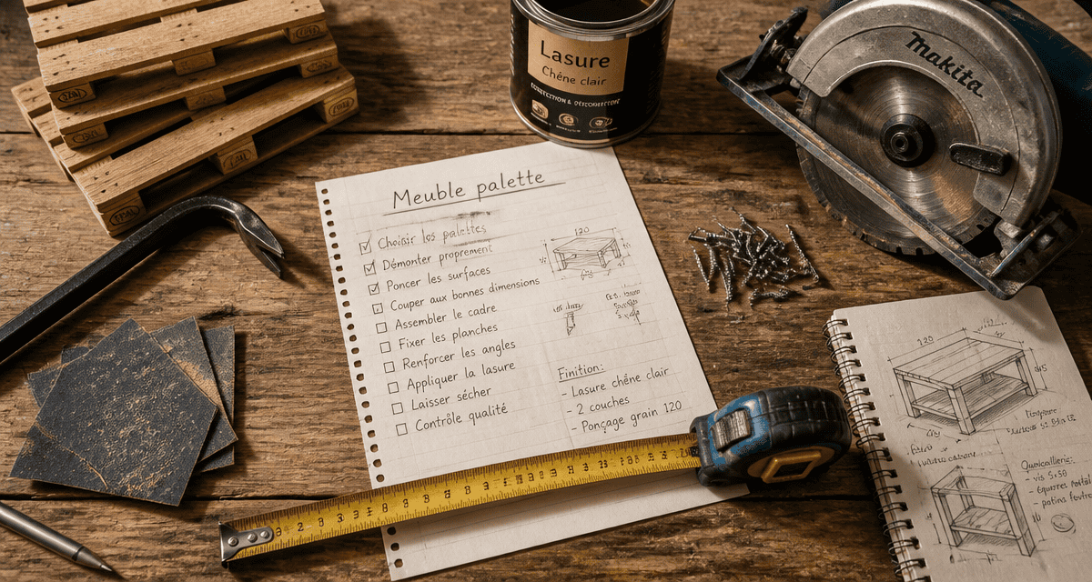 Fabriquer meuble palette, outils sur table atelier