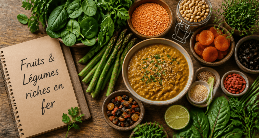 fruits et legumes riches en fer assortis sur table