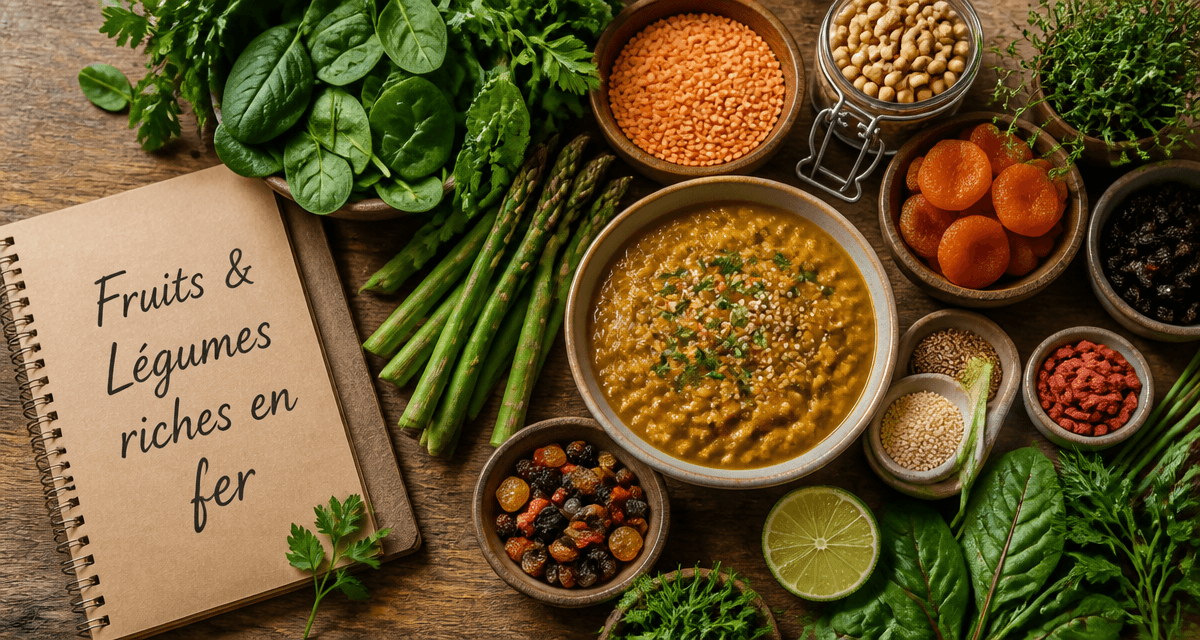 fruits et legumes riches en fer assortis sur table