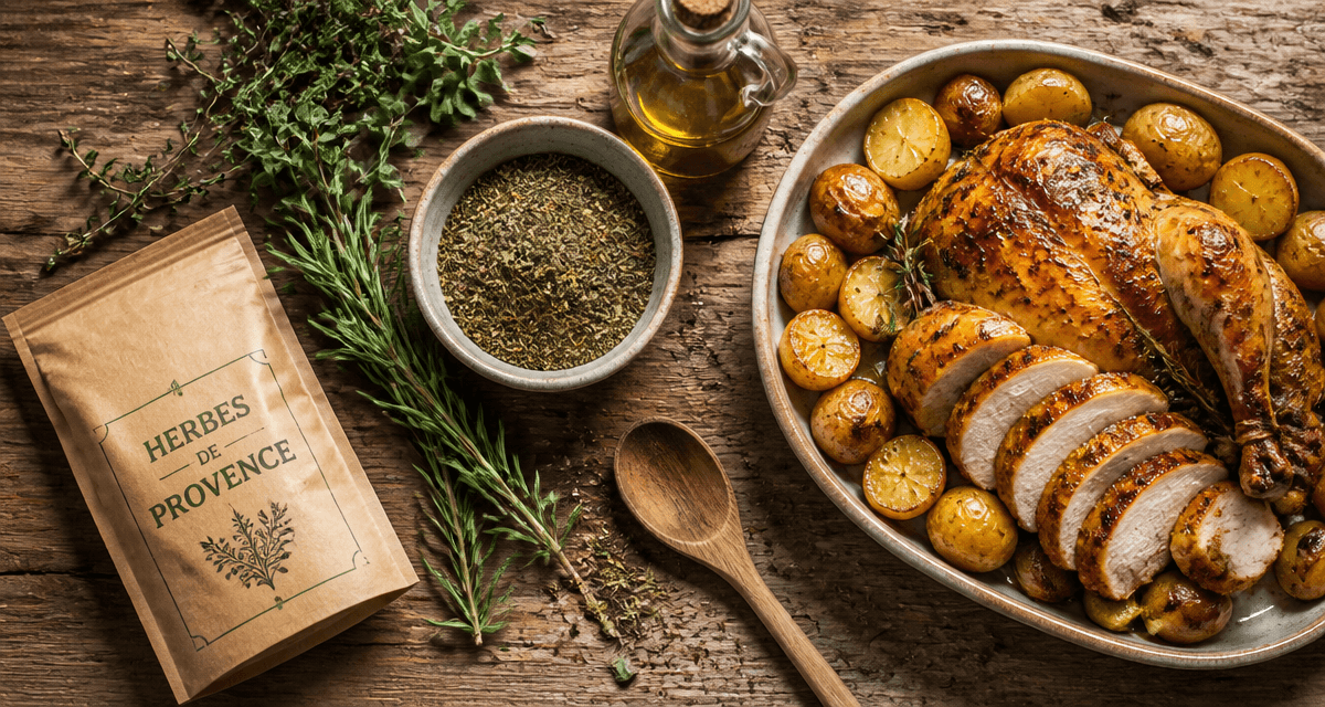 Herbes de Provence, bol, poulet, pommes de terre