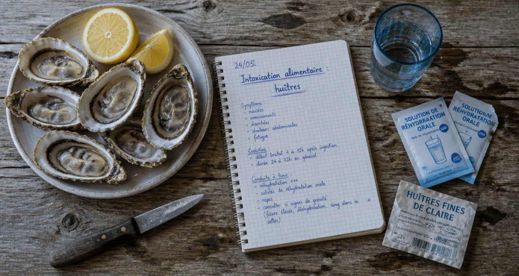 intoxication alimentaire par des huitres sur table avec citron et carnet médical