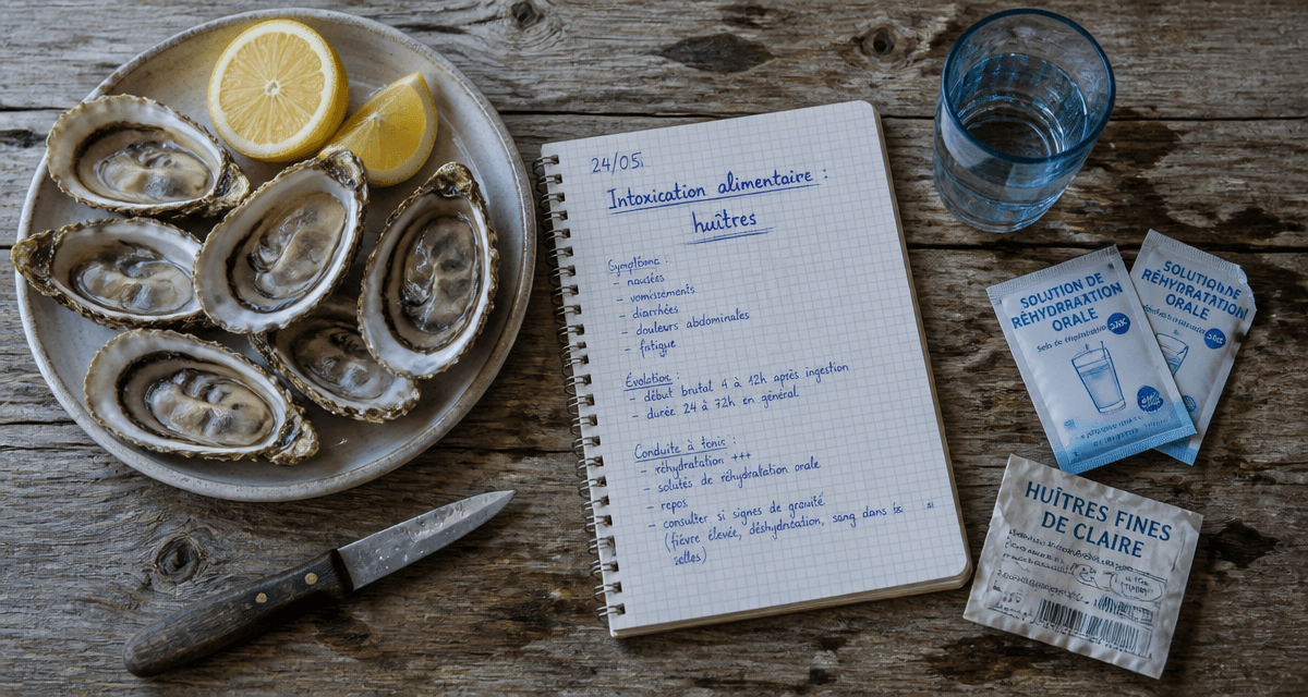 intoxication alimentaire par des huitres sur table avec citron et carnet médical