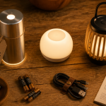 Lampe à pile LED, veilleuse et lanterne sur table en bois