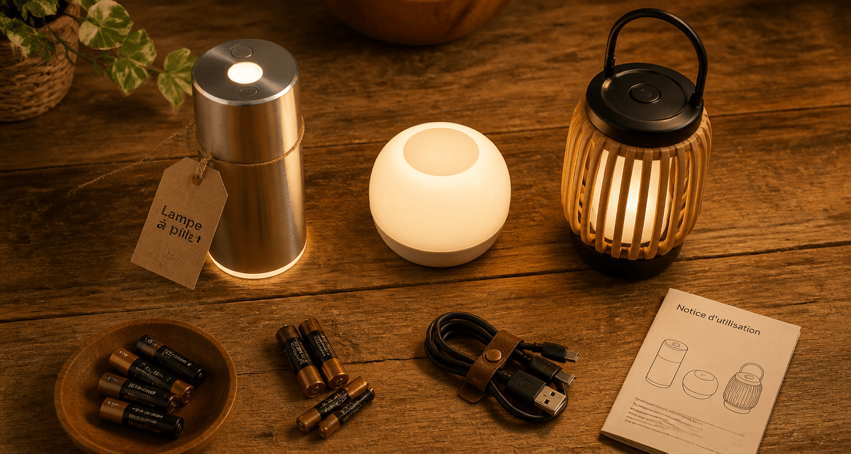 Lampe à pile LED, veilleuse et lanterne sur table en bois