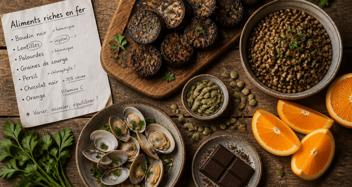 liste d aliments riche en fer sur une table