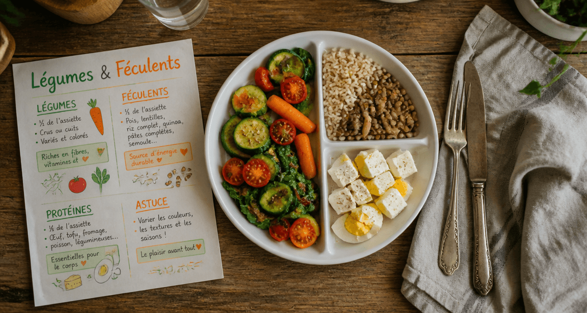 Liste des legumes et feculents sur une assiette équilibrée