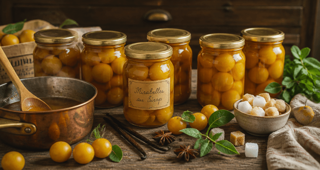 Bocaux de mirabelle au sirop sans stérilisation sur table rustique