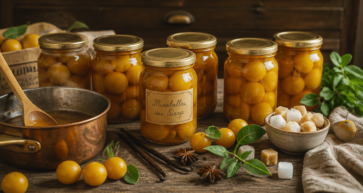 Bocaux de mirabelle au sirop sans stérilisation sur table rustique