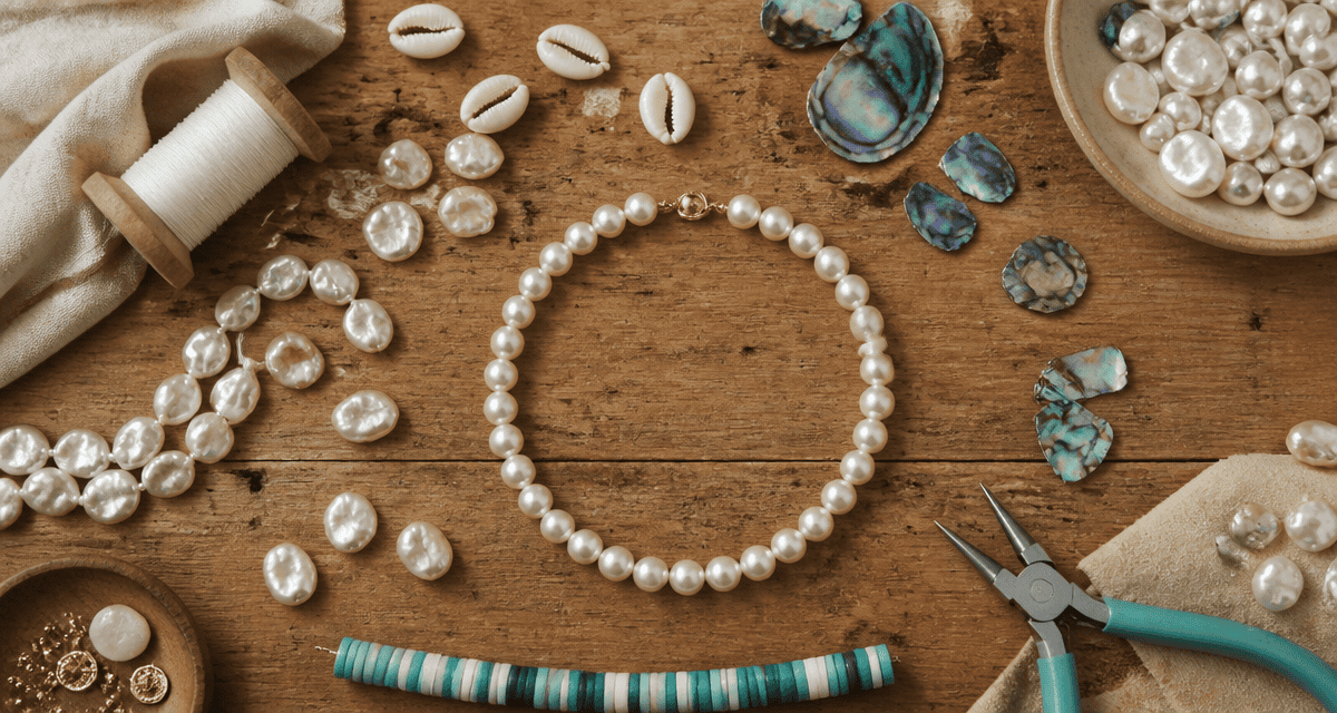 perle coquillage, collier et outils sur table