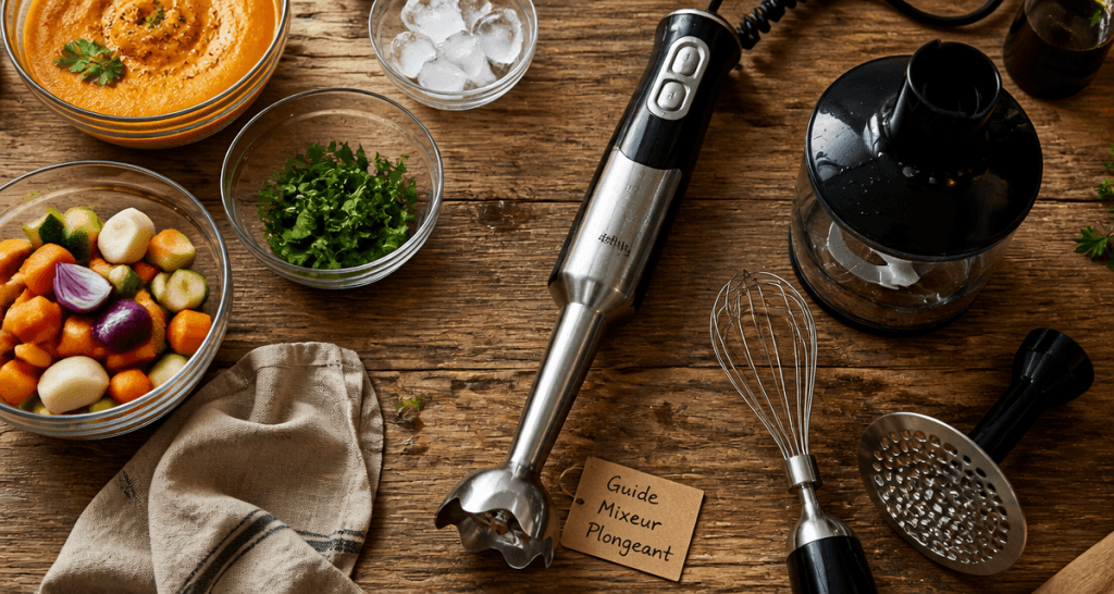 plongeur mixeur inox et accessoires sur plan de travail