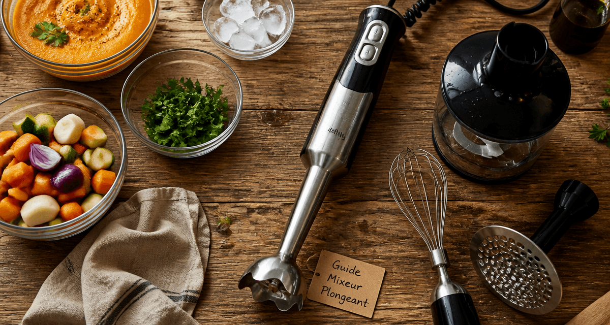 plongeur mixeur inox et accessoires sur plan de travail