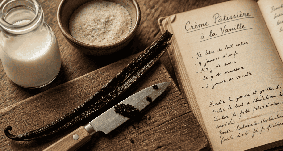 Pod of vanilla Bourbon fendue sur planche bois