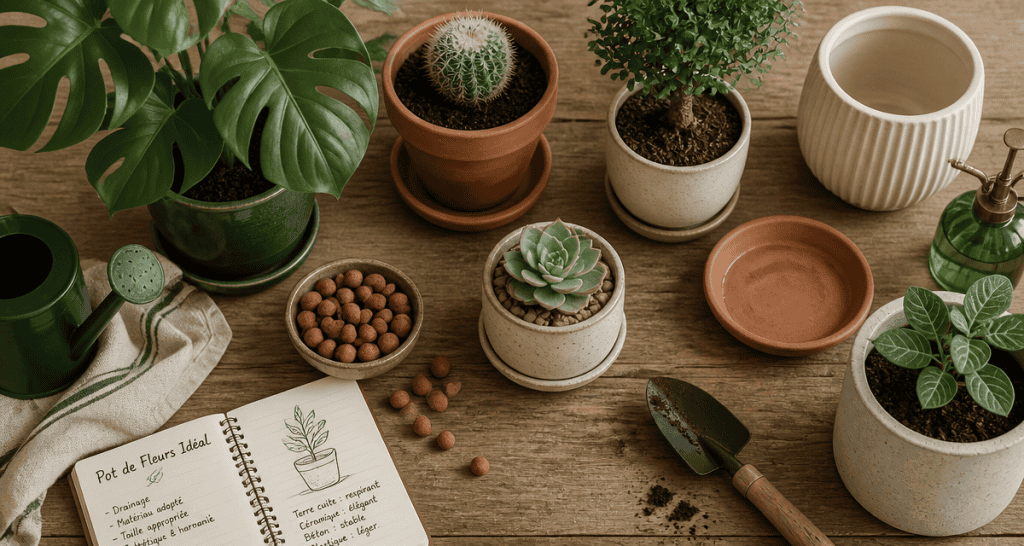 Pot de fleurs variés sur table en bois