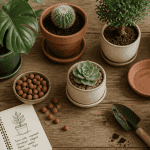 Pot de fleurs variés sur table en bois