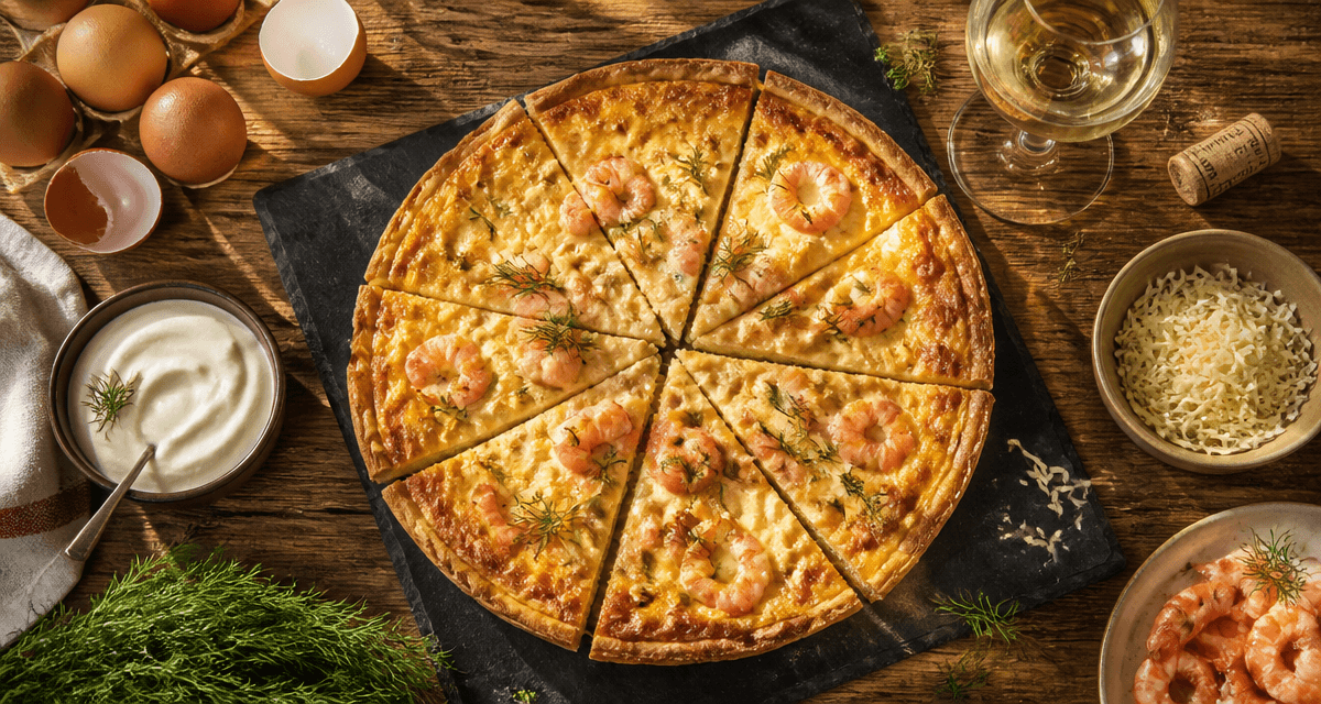 Quiches crevettes dorées sur ardoise avec ingrédients