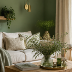 Salon vert sauge moderne avec déco naturelle