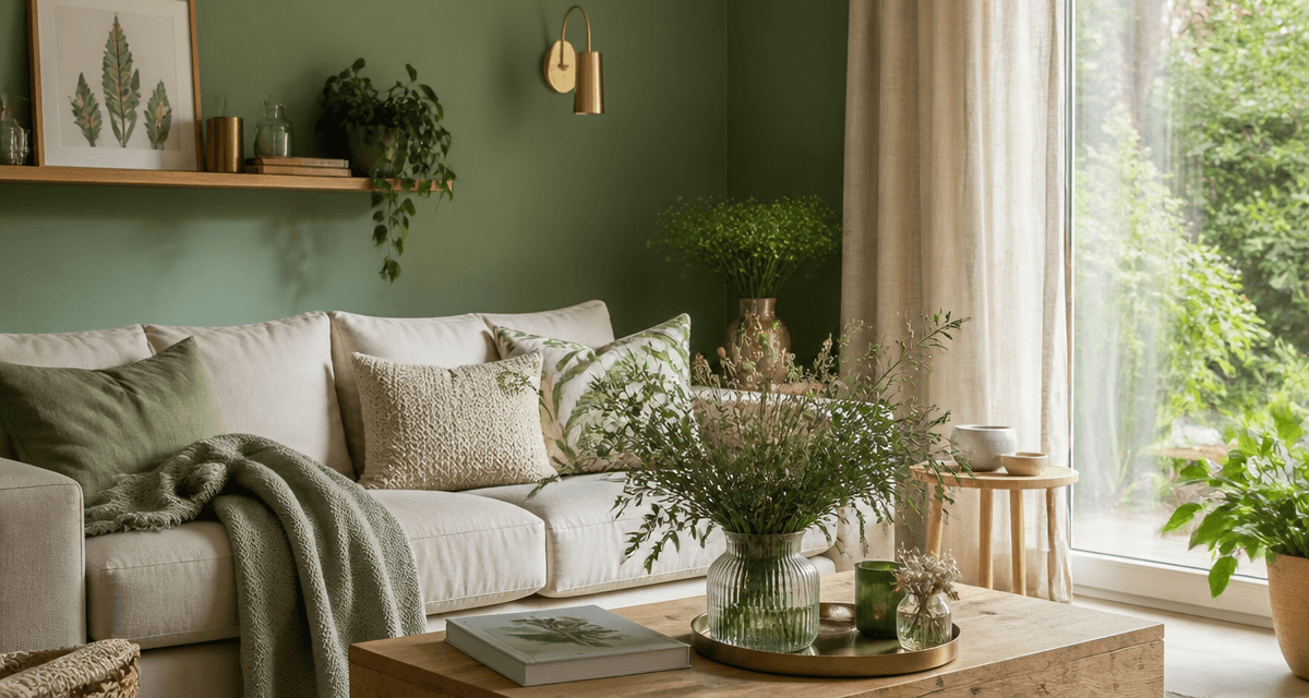 Salon vert sauge moderne avec déco naturelle