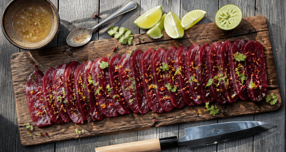 Carpaccio de thonine crue, baies roses et agrumes