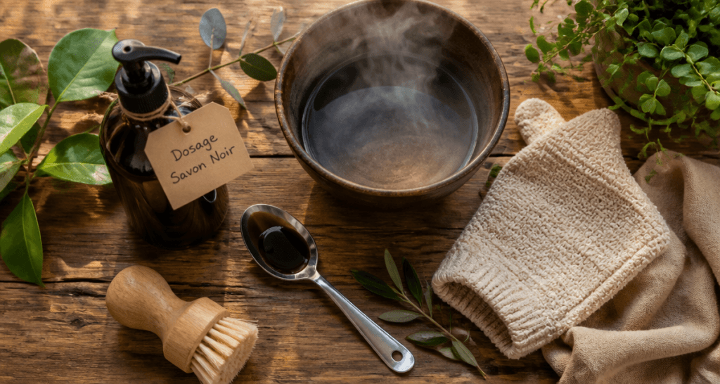 utilisation du savon noir avec accessoires sur table