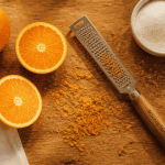zeste d orange râpé et outils sur plan de travail