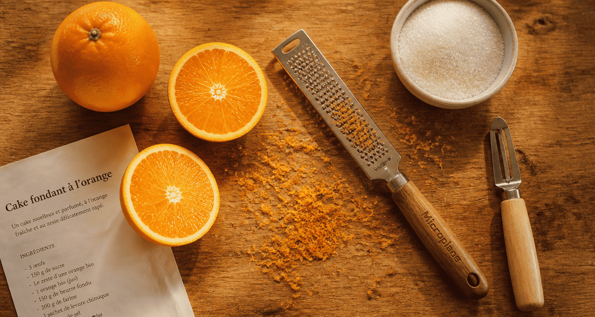 zeste d orange râpé et outils sur plan de travail